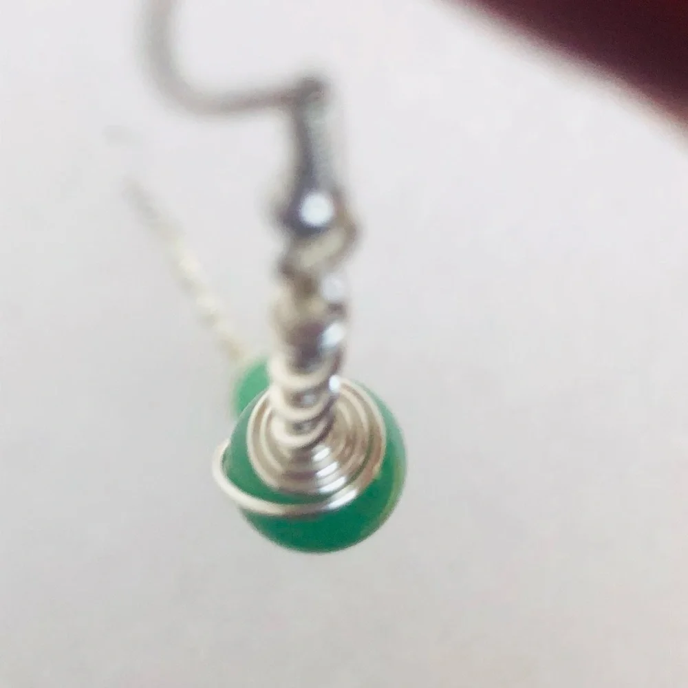 womens Green aventurine dangle wire wrap earrings handmade 2” beaded earrings